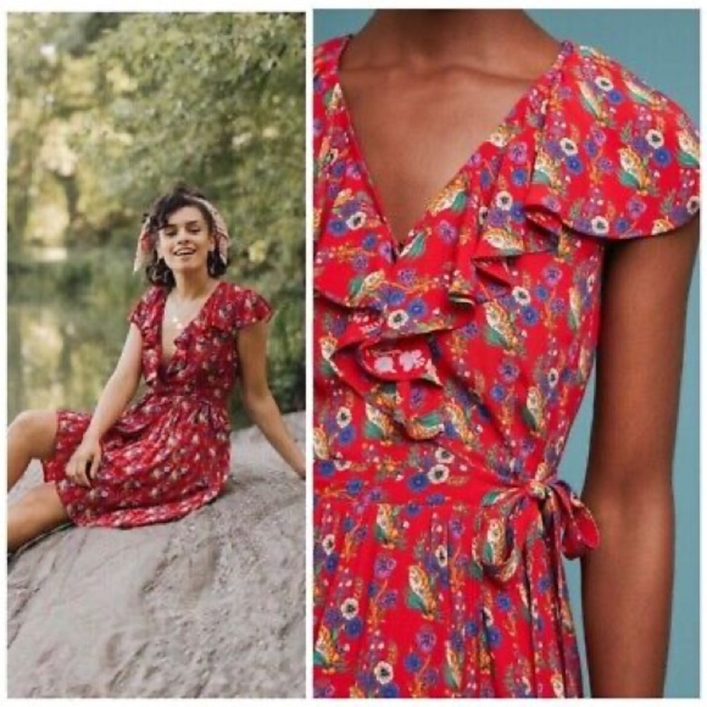 Anthropologie Rosalie faux wrap dress by Maeve. Red with floral pattern. Size 14
